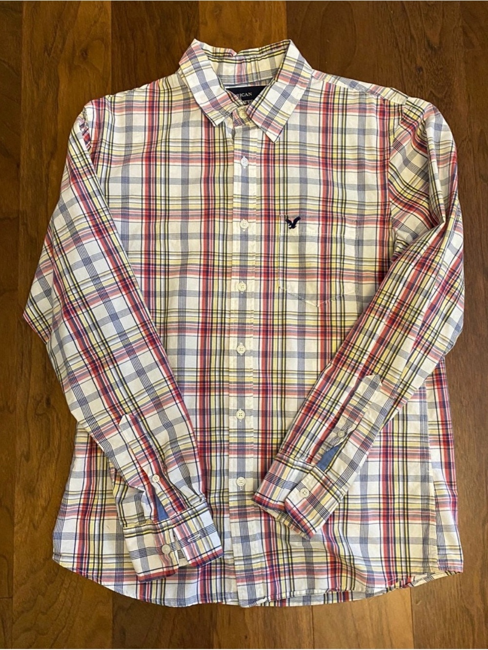 American Eagle Men's Plaid Button-Down Shirt - White Multi